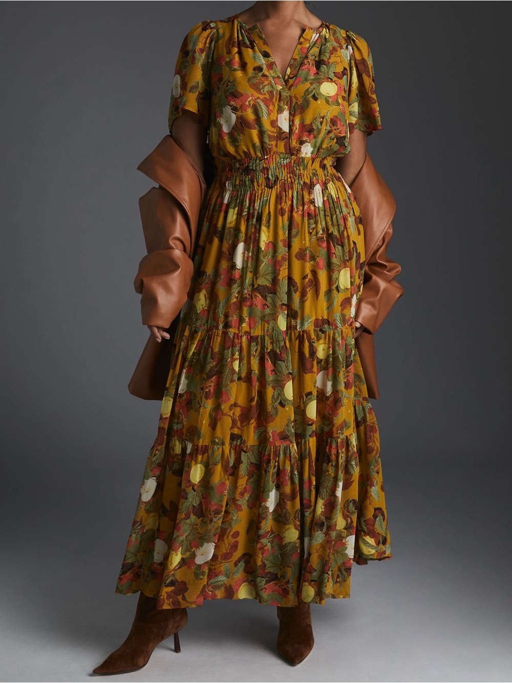 Anthropologie Mustard Floral Tiered Maxi Dress